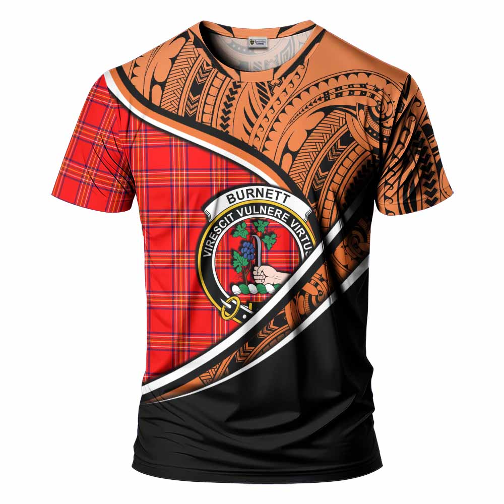 Tartan Vibes Clothing Burnett Crest Tartan T-Shirt with Maori Tattoo Style - Orange Version