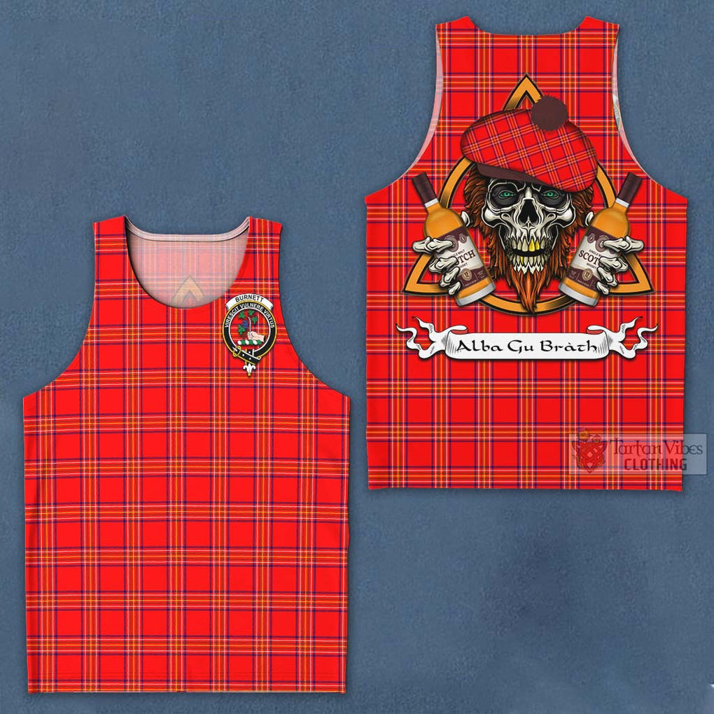 Tartan Vibes Clothing Burnett Tartan Men's Tank Top with Family Crest and Bearded Skull Holding Bottles of Whiskey