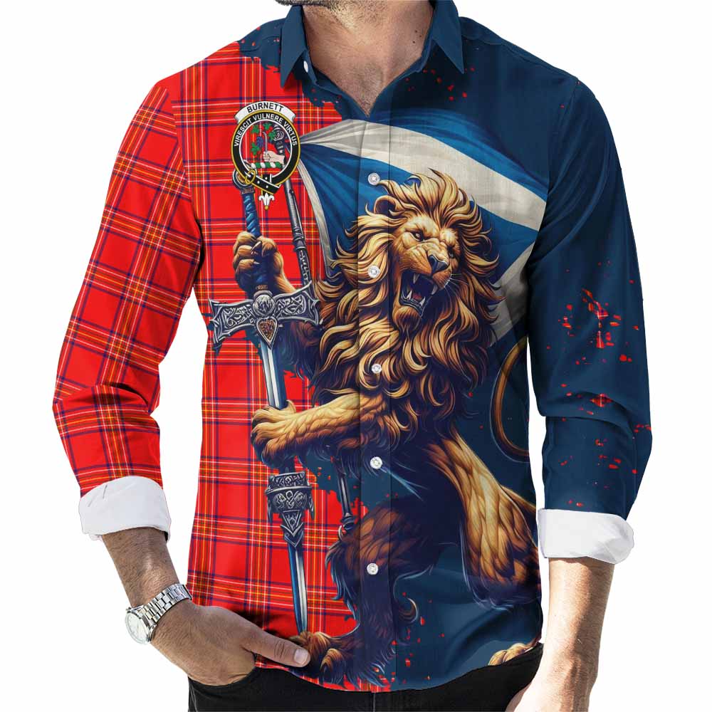 Tartan Vibes Clothing Burnett Tartan Family Crest Long Sleeve Button Shirt with Scottish Majestic Lion