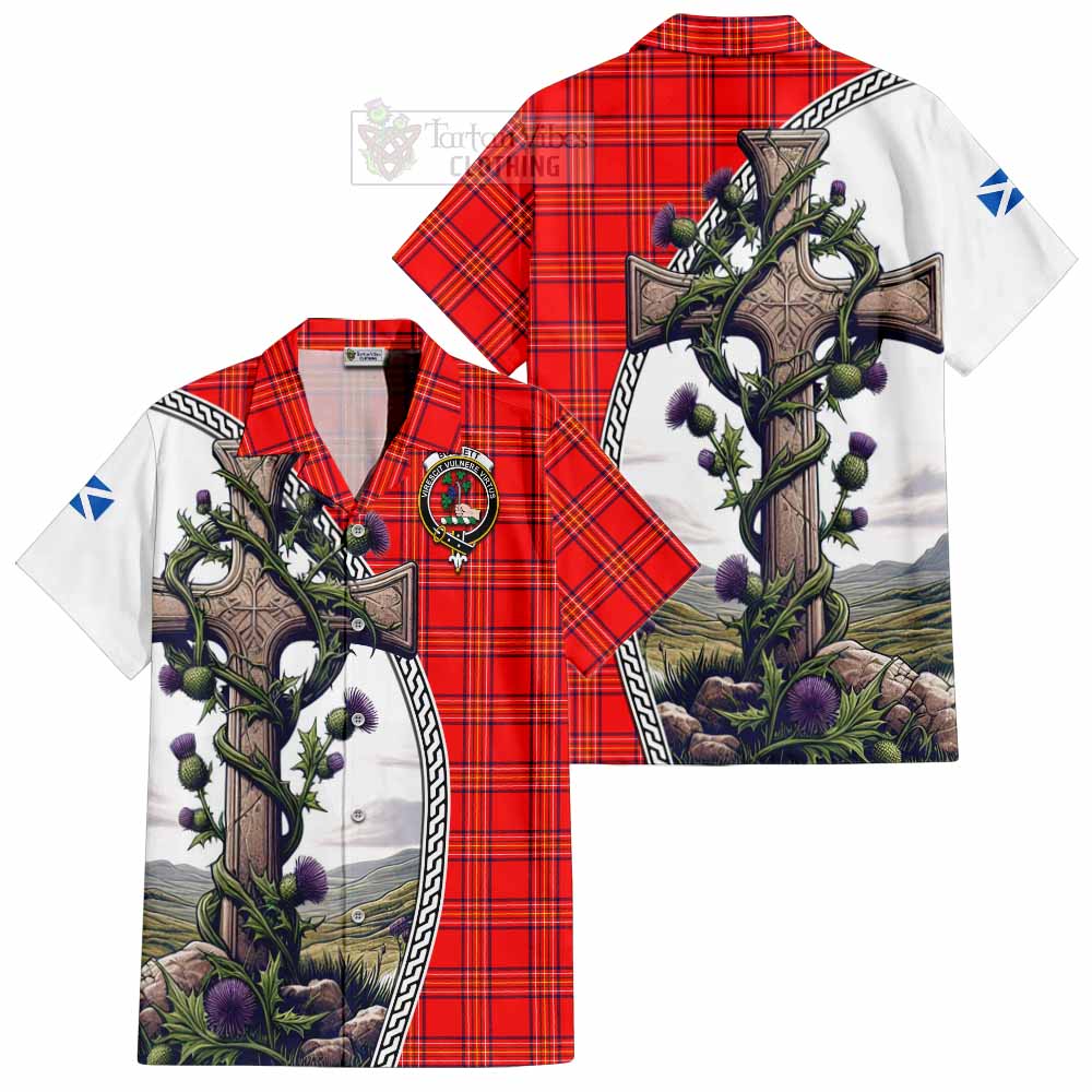 Tartan Vibes Clothing Burnett Tartan Short Sleeve Button Shirt with Family Crest and St. Andrew's Cross Accented by Thistle Vines