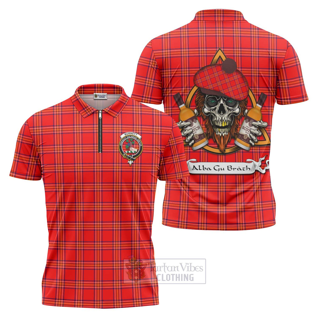 Tartan Vibes Clothing Burnett Tartan Zipper Polo Shirt with Family Crest and Bearded Skull Holding Bottles of Whiskey