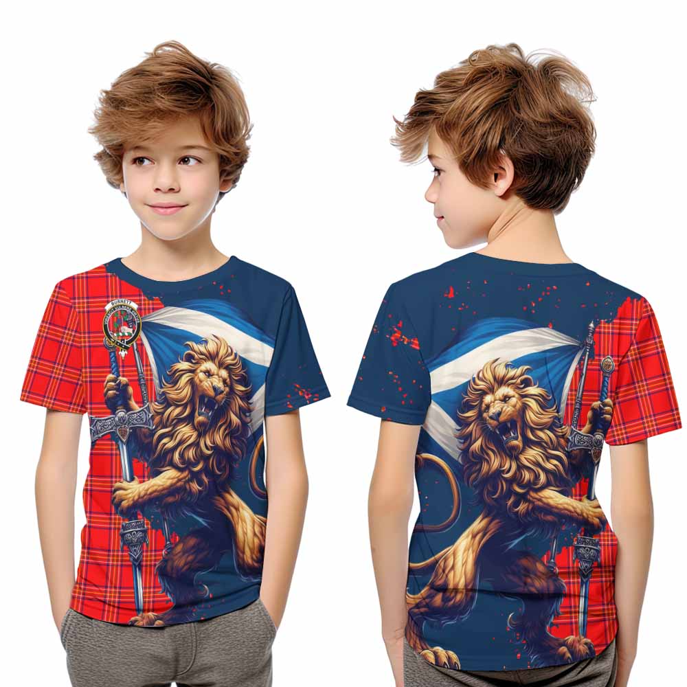 Tartan Vibes Clothing Burnett Tartan Family Crest Kid T-Shirt with Scottish Majestic Lion