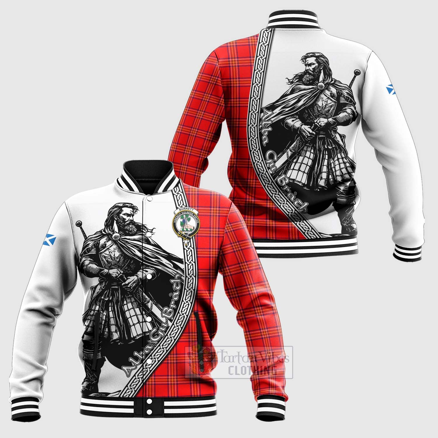 Tartan Vibes Clothing Burnett Tartan Clan Crest Baseball Jacket with Highlander Warrior Celtic Style