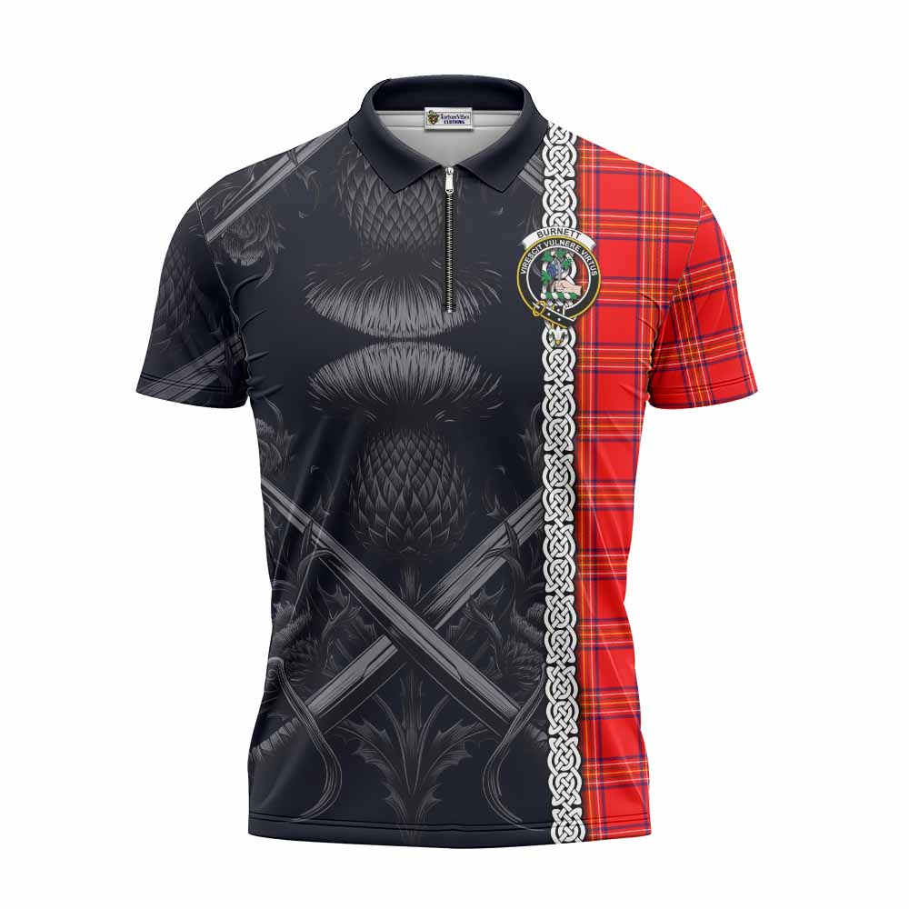 Tartan Vibes Clothing Burnett Tartan Zipper Polo Shirt with Family Crest Cross Sword Thistle Celtic Vibes