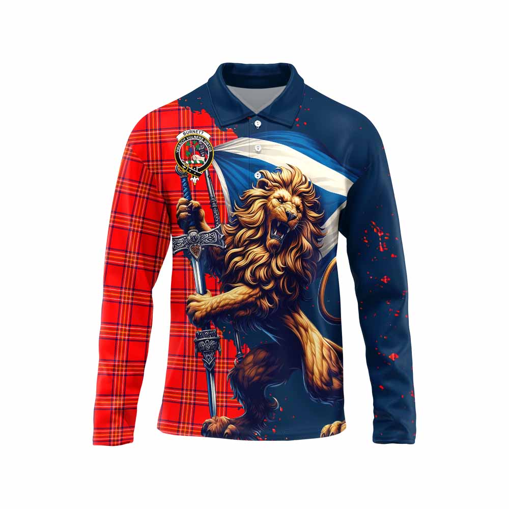 Tartan Vibes Clothing Burnett Tartan Family Crest Long Sleeve Polo Shirt with Scottish Majestic Lion