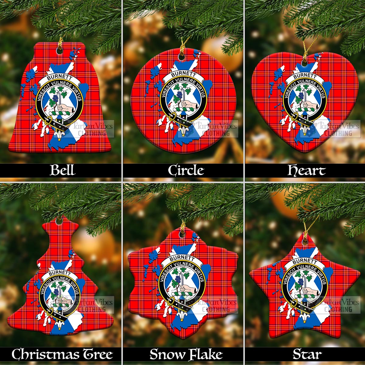 Tartan Vibes Clothing Burnett Tartan Christmas Ornament with Family Crest and Scotland Map