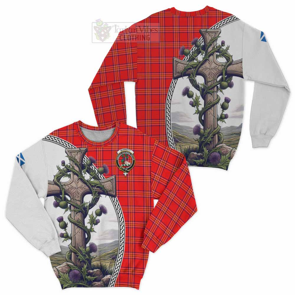 Tartan Vibes Clothing Burnett Tartan Sweatshirt with Family Crest and St. Andrew's Cross Accented by Thistle Vines