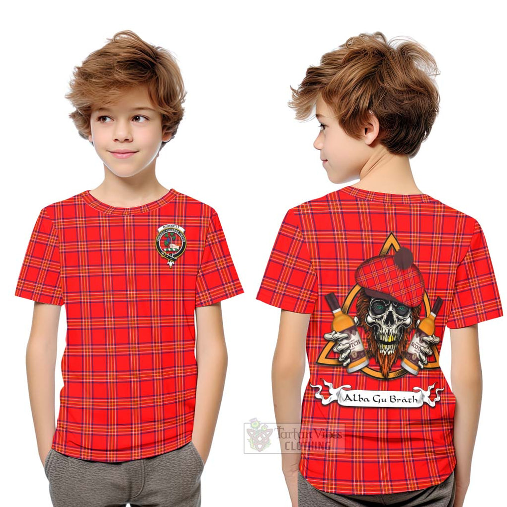 Tartan Vibes Clothing Burnett Tartan Kid T-Shirt with Family Crest and Bearded Skull Holding Bottles of Whiskey