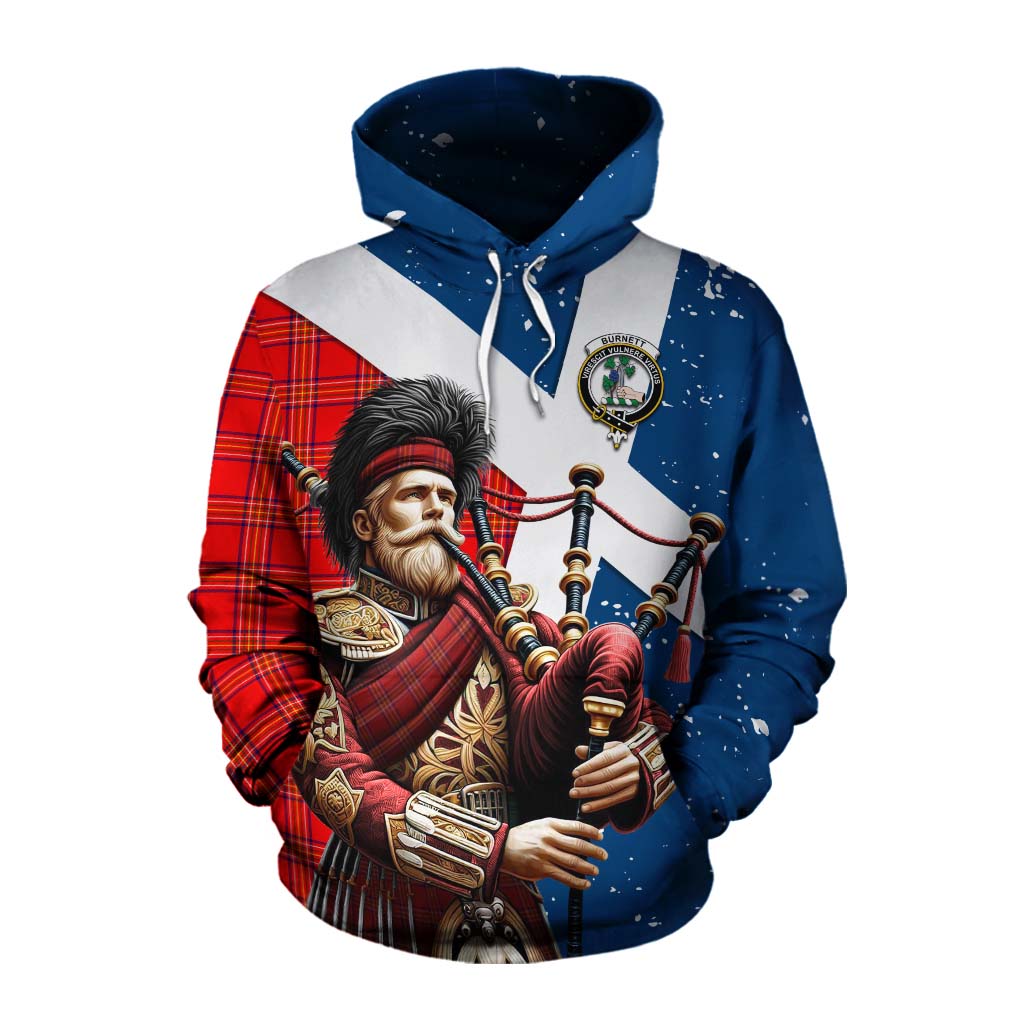 Tartan Vibes Clothing Burnett Tartan Cotton Hoodie with Family Crest Scottish Bagpiper Vibes