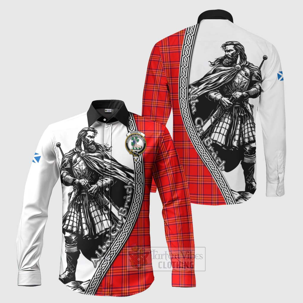 Tartan Vibes Clothing Burnett Tartan Clan Crest Long Sleeve Button Shirt with Highlander Warrior Celtic Style