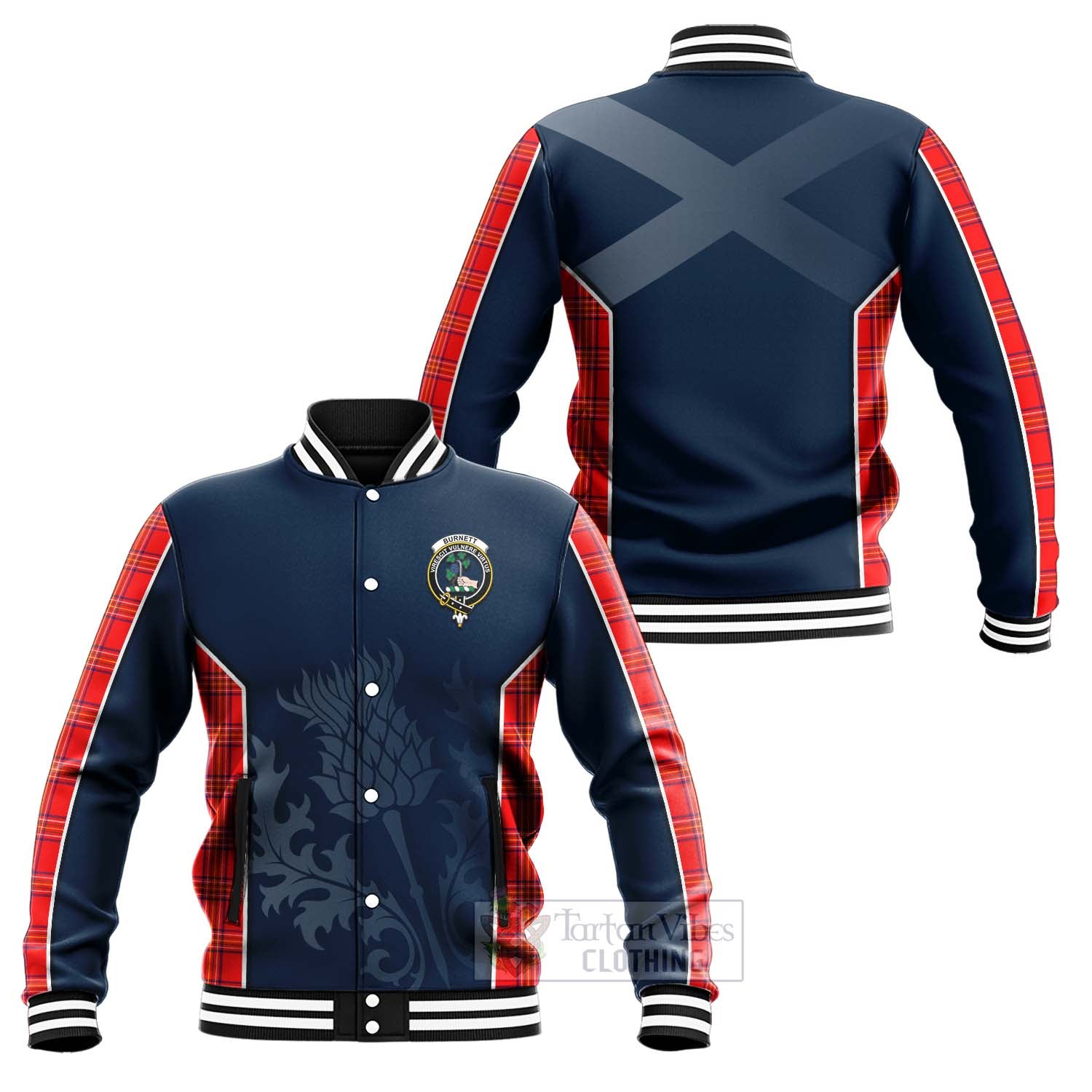 Tartan Vibes Clothing Burnett Tartan Baseball Jacket with Family Crest and Scottish Thistle Vibes Sport Style