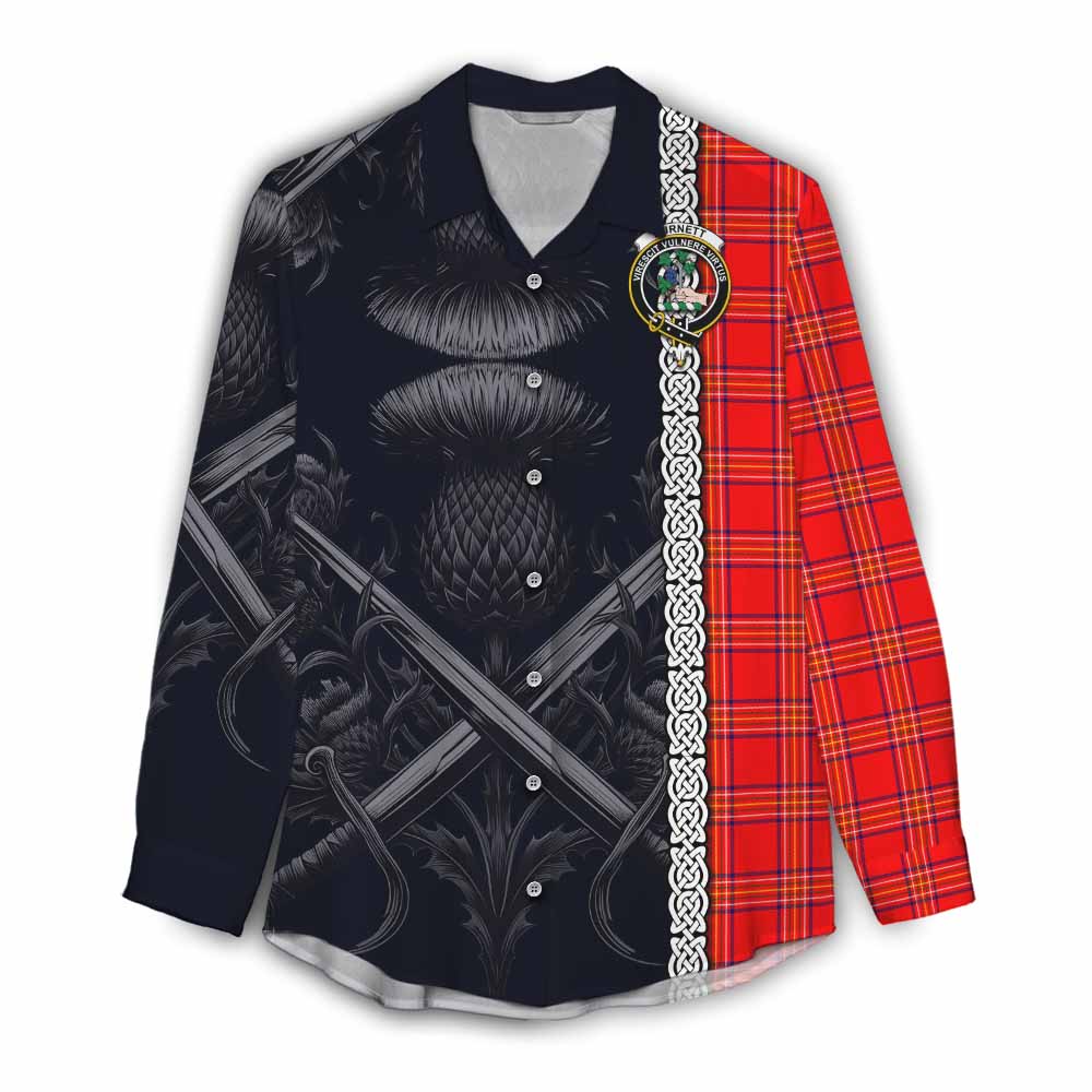 Tartan Vibes Clothing Burnett Tartan Women's Casual Shirt with Family Crest Cross Sword Thistle Celtic Vibes