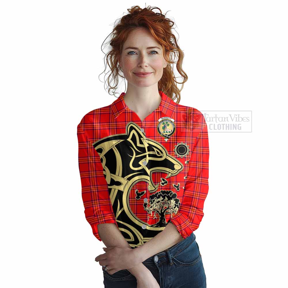 Tartan Vibes Clothing Burnett Tartan Women's Casual Shirt with Family Crest Celtic Wolf Style