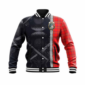 Burnett Tartan Baseball Jacket with Family Crest Cross Sword Thistle Celtic Vibes