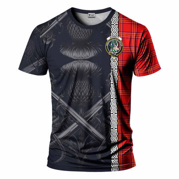 Burnett Tartan T-Shirt with Family Crest Cross Sword Thistle Celtic Vibes