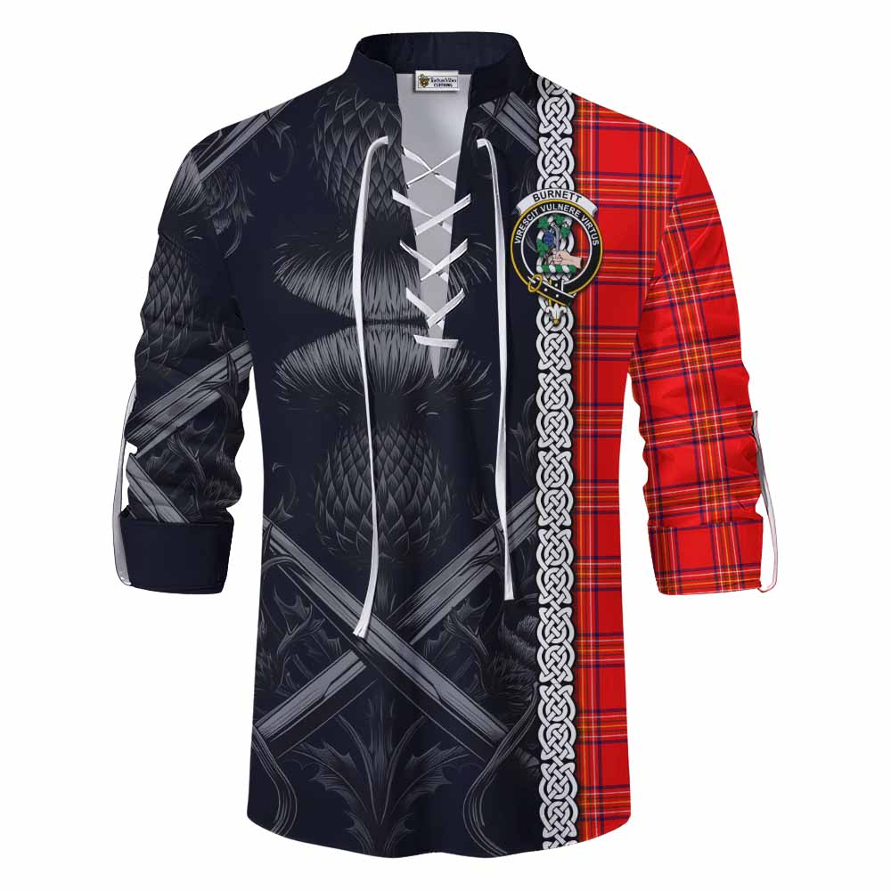 Tartan Vibes Clothing Burnett Tartan Ghillie Kilt Shirt with Family Crest Cross Sword Thistle Celtic Vibes