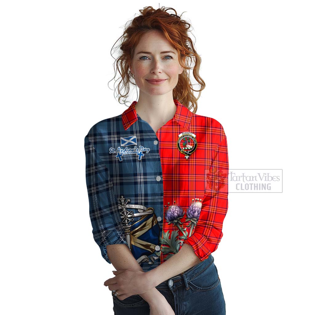 Tartan Vibes Clothing Burnett Tartan Women's Casual Shirt Happy St. Andrew's Day Half Tartan Style