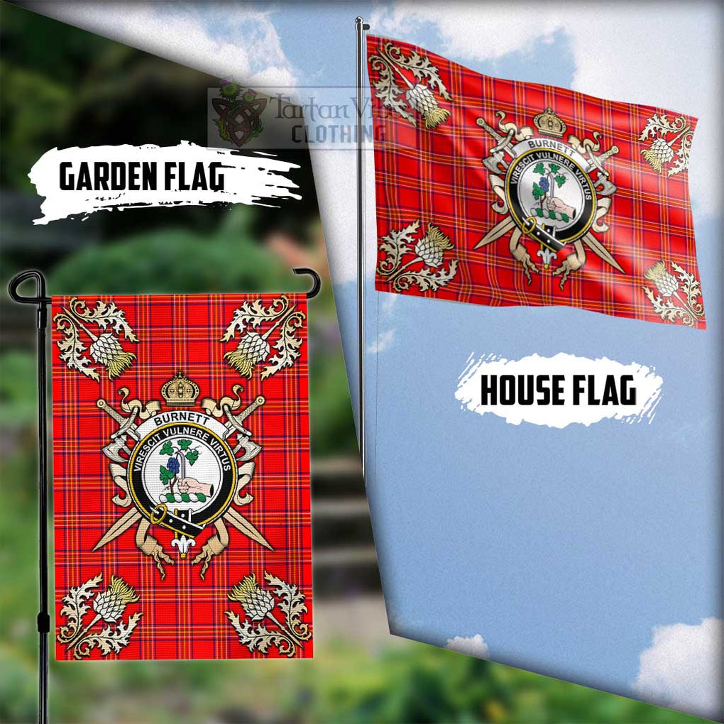 Tartan Vibes Clothing Burnett Tartan Flag with Family Crest and Golden Thistle Crossed Sword Design