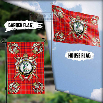 Burnett Tartan Flag with Family Crest and Golden Thistle Crossed Sword Design