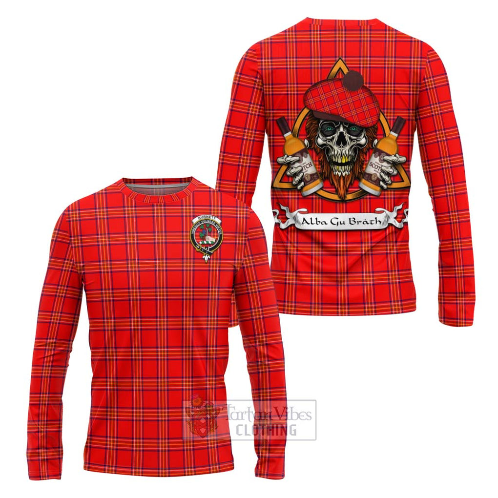 Tartan Vibes Clothing Burnett Tartan Long Sleeve T-Shirt with Family Crest and Bearded Skull Holding Bottles of Whiskey