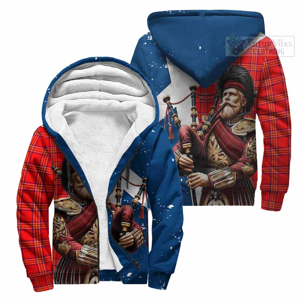 Tartan Vibes Clothing Burnett Tartan Sherpa Hoodie with Family Crest Scottish Bagpiper Vibes