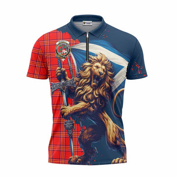 Burnett Tartan Family Crest Zipper Polo Shirt with Scottish Majestic Lion