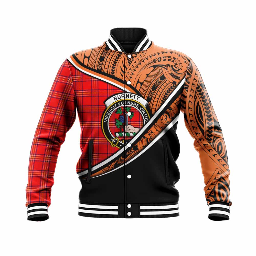 Tartan Vibes Clothing Burnett Crest Tartan Baseball Jacket with Maori Tattoo Style - Orange Version