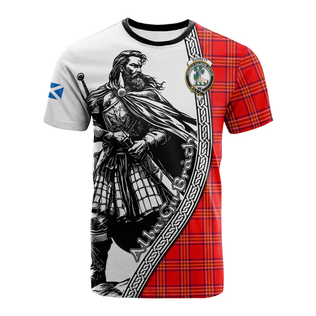 Burnett Tartan Clan Crest Cotton T-shirt with Highlander Warrior Celtic Style