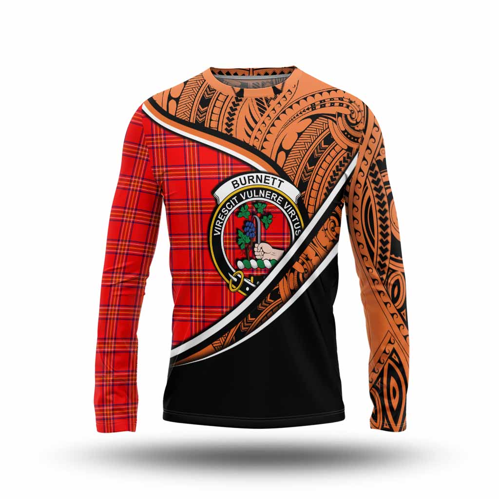 Tartan Vibes Clothing Burnett Crest Tartan Long Sleeve T-Shirt with Maori Tattoo Style - Orange Version