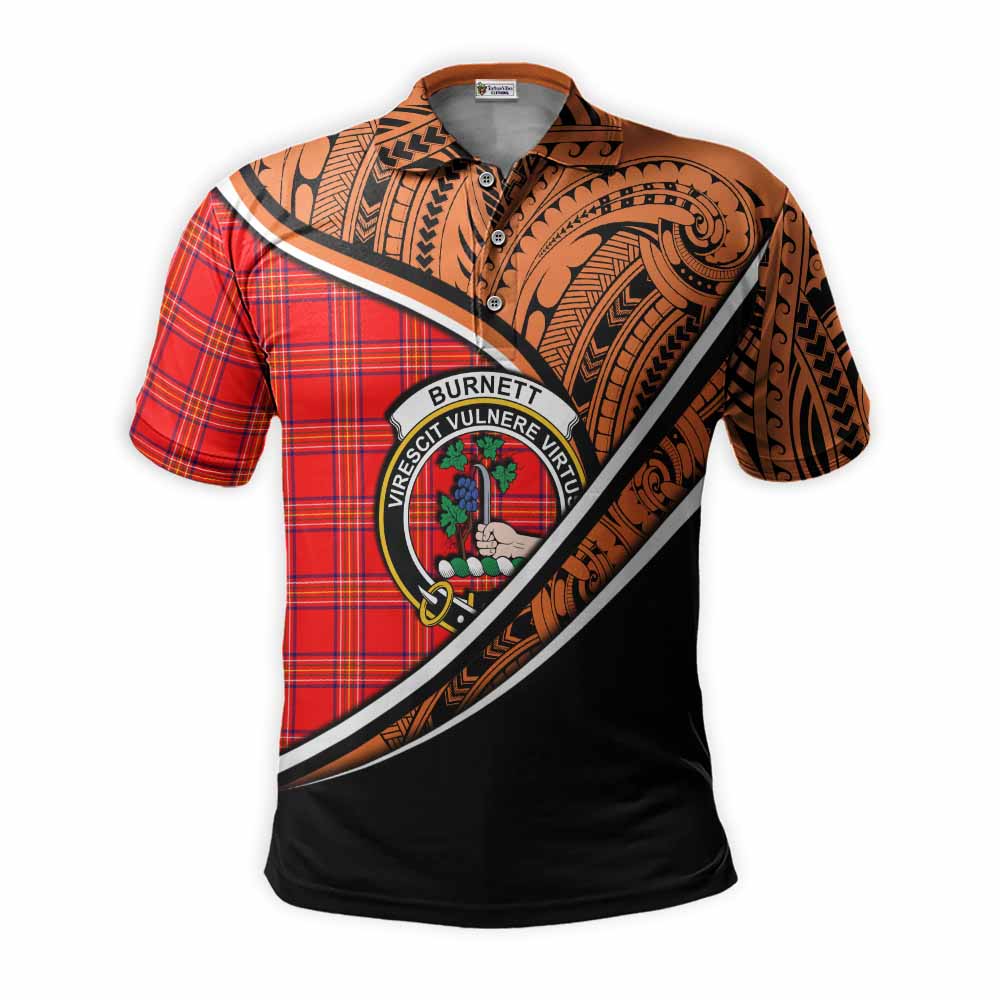 Tartan Vibes Clothing Burnett Crest Tartan Polo Shirt with Maori Tattoo Style - Orange Version