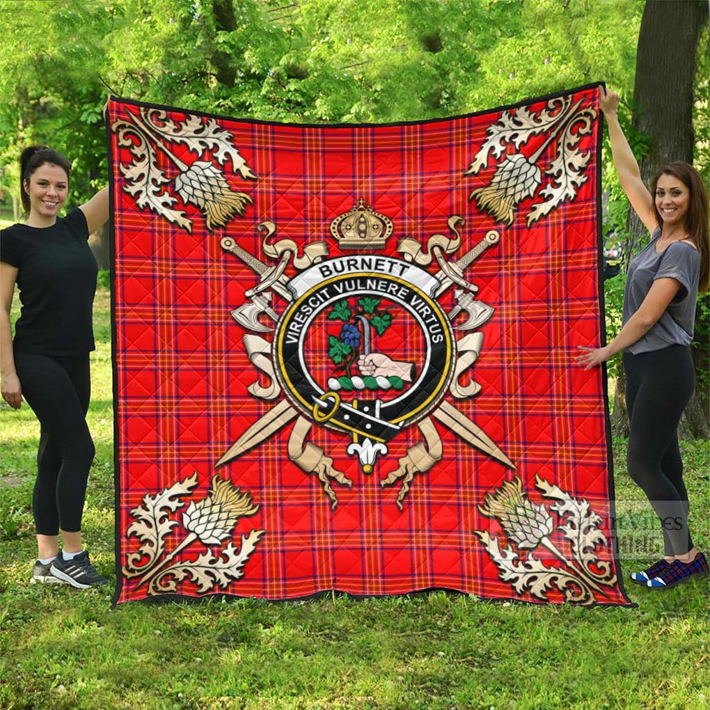 Tartan Vibes Clothing Burnett Tartan Quilt with Family Crest and Scottish Golden Courage Shield