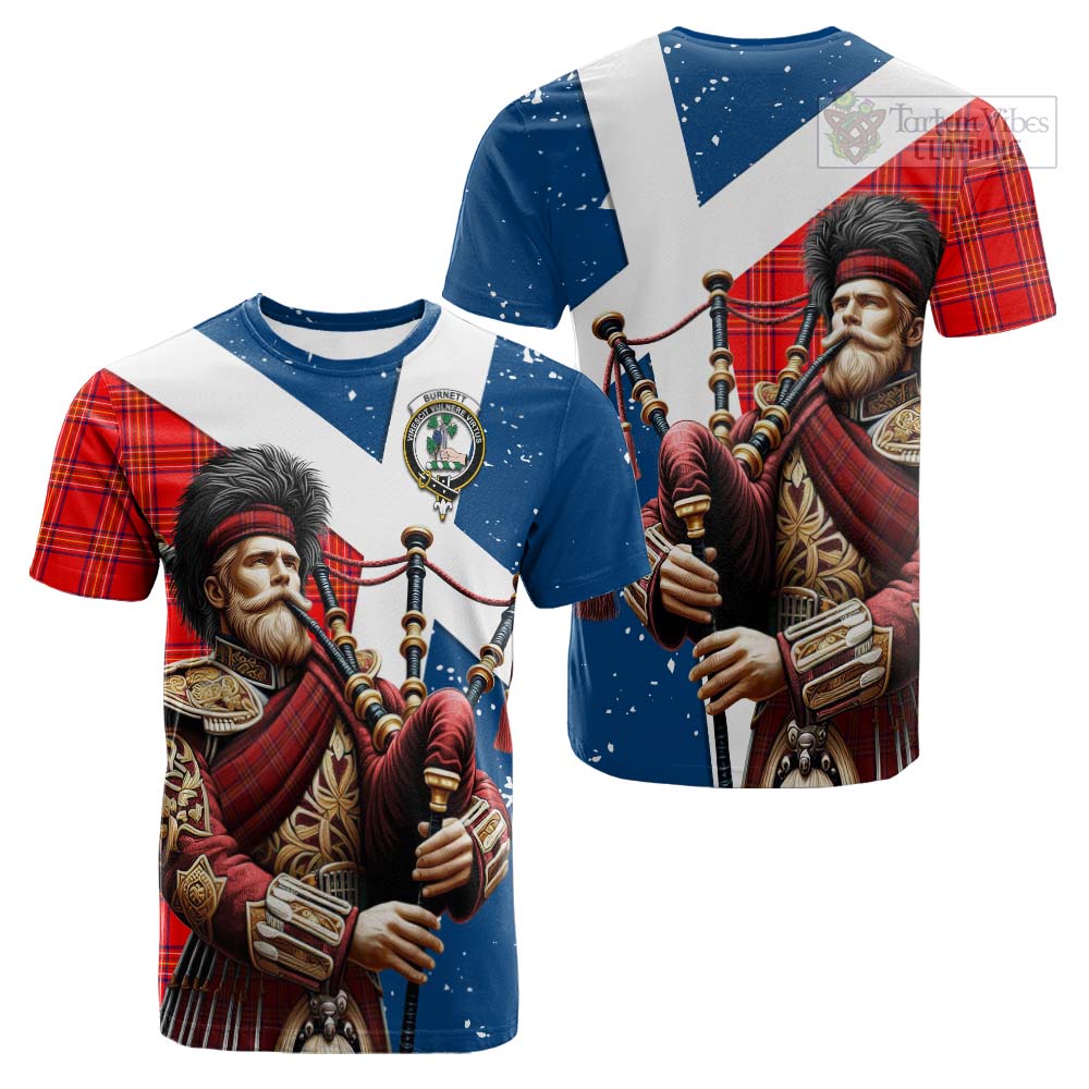 Tartan Vibes Clothing Burnett Tartan Cotton T-shirt with Family Crest Scottish Bagpiper Vibes