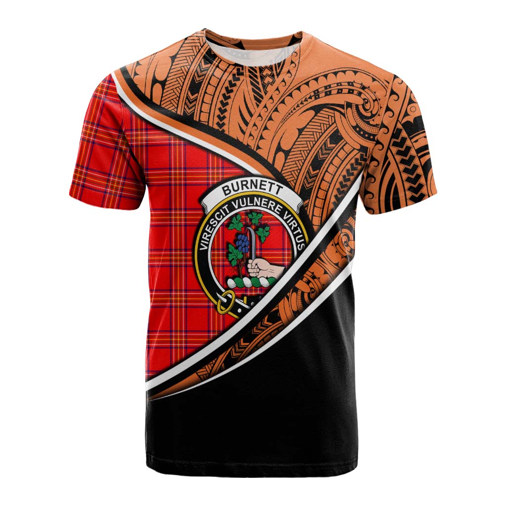 Tartan Vibes Clothing Burnett Crest Tartan Cotton T-shirt with Maori Tattoo Style - Orange Version