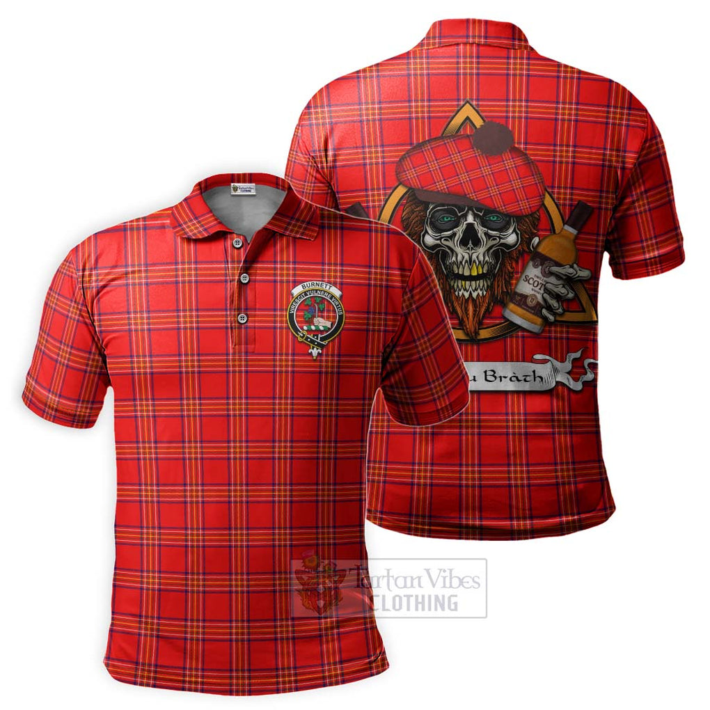 Tartan Vibes Clothing Burnett Tartan Polo Shirt with Family Crest and Bearded Skull Holding Bottles of Whiskey