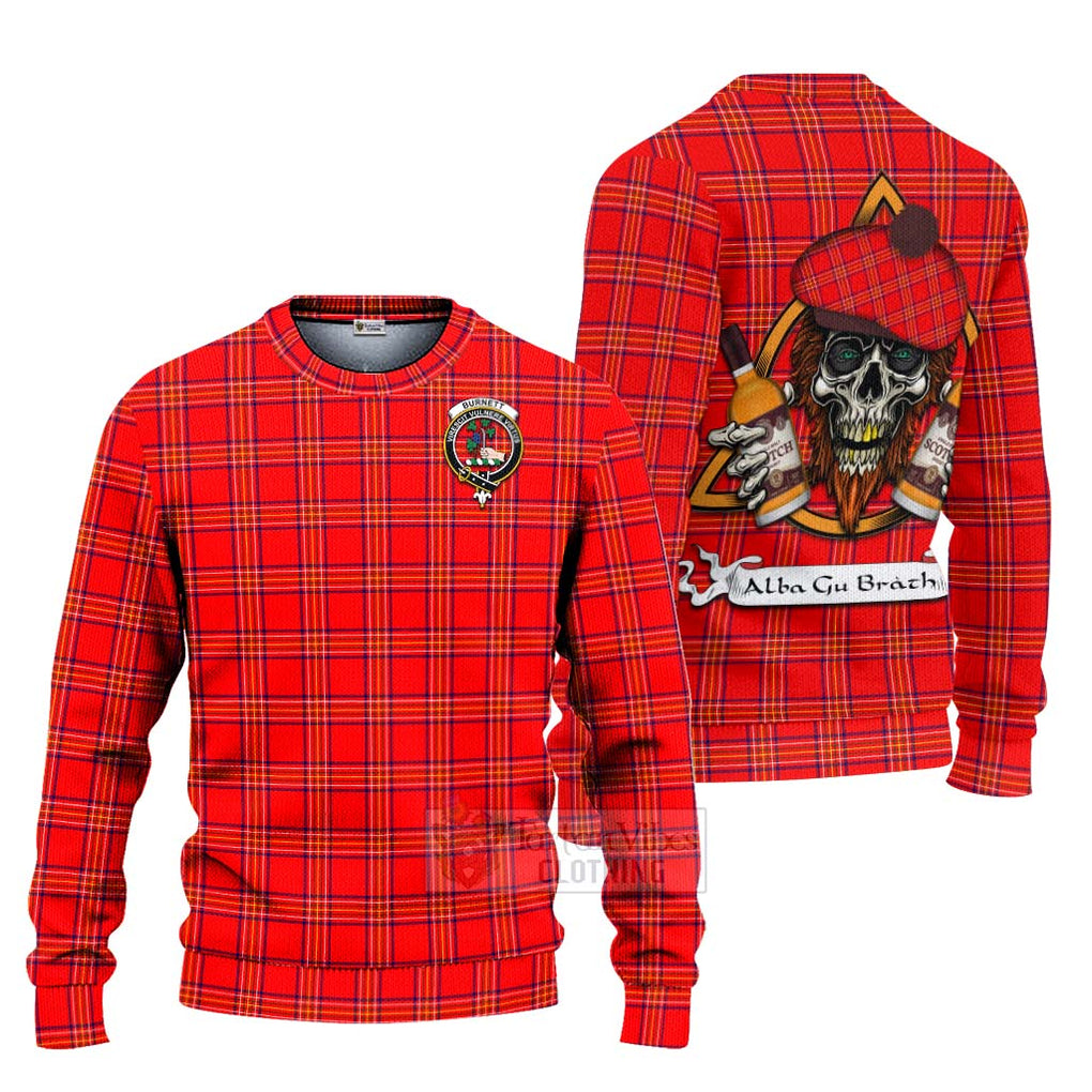 Tartan Vibes Clothing Burnett Tartan Knitted Sweater with Family Crest and Bearded Skull Holding Bottles of Whiskey