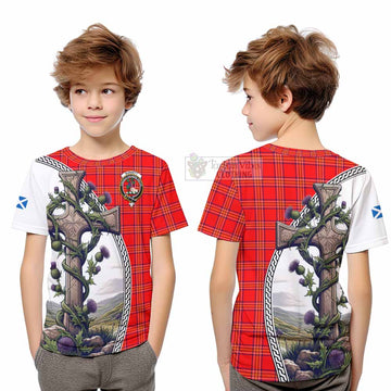 Burnett Tartan Kid T-Shirt with Family Crest and St. Andrew's Cross Accented by Thistle Vines