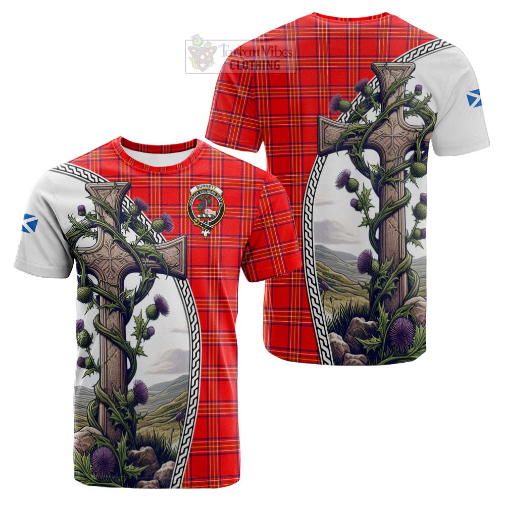 Tartan Vibes Clothing Burnett Tartan Cotton T-shirt with Family Crest and St. Andrew's Cross Accented by Thistle Vines