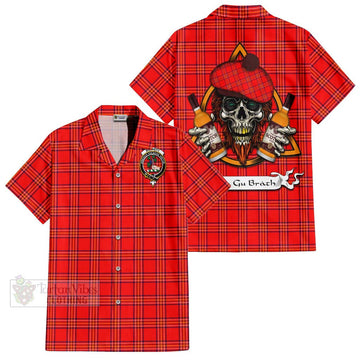 Burnett Tartan Short Sleeve Button Shirt with Family Crest and Bearded Skull Holding Bottles of Whiskey