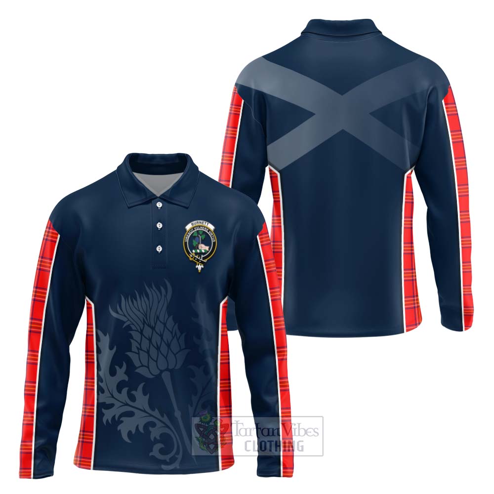 Tartan Vibes Clothing Burnett Tartan Long Sleeve Polo Shirt with Family Crest and Scottish Thistle Vibes Sport Style