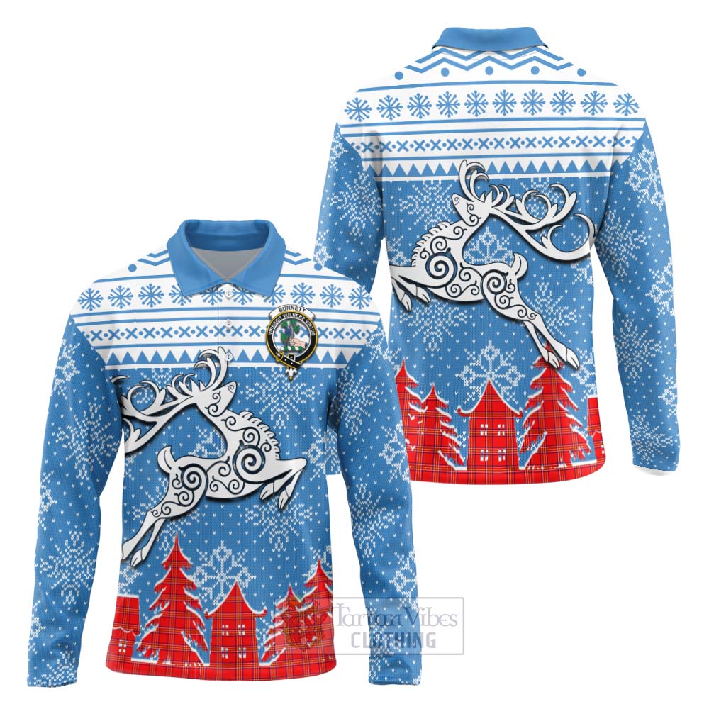 Tartan Vibes Clothing Burnett Clan Christmas Long Sleeve Polo Shirt Celtic Reindeer Style