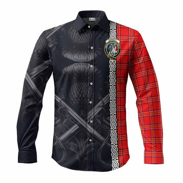 Burnett Tartan Long Sleeve Button Shirt with Family Crest Cross Sword Thistle Celtic Vibes