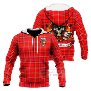 Burnett Tartan Knitted Hoodie with Family Crest and Bearded Skull Holding Bottles of Whiskey