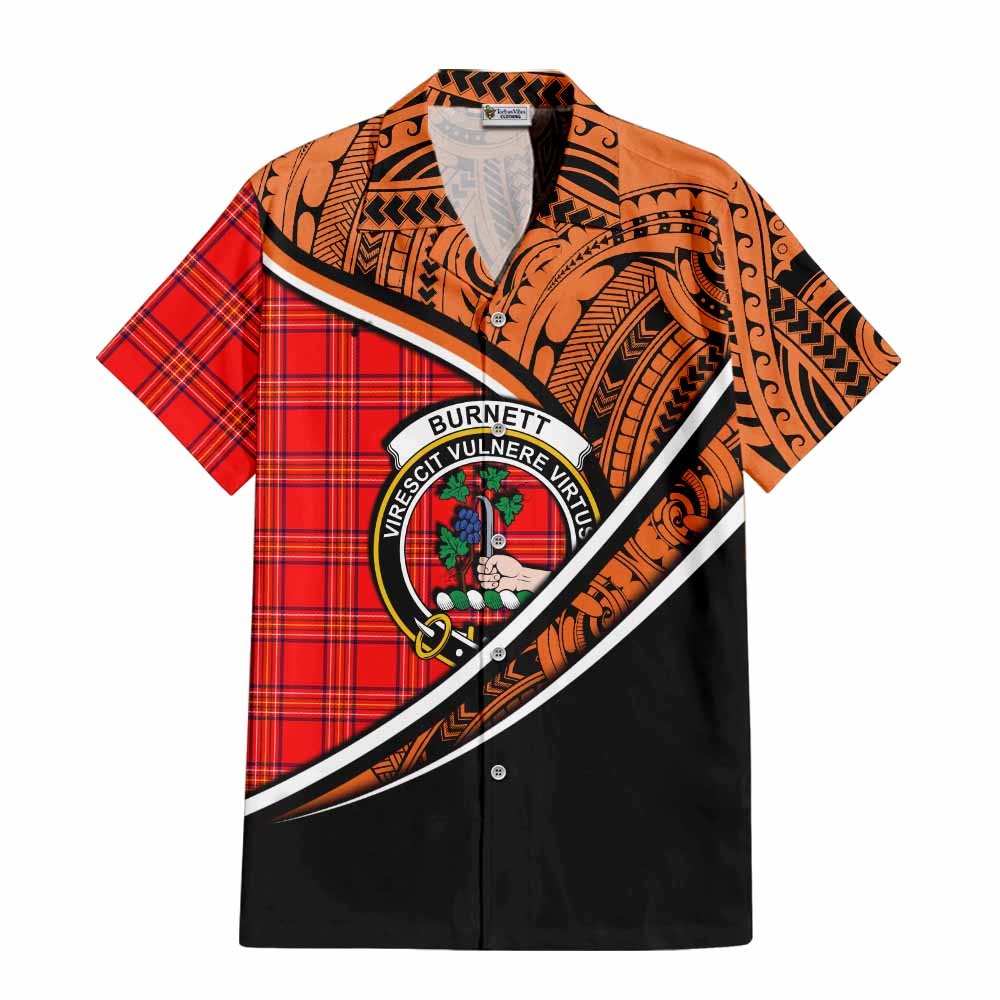 Tartan Vibes Clothing Burnett Crest Tartan Short Sleeve Button Shirt with Maori Tattoo Style - Orange Version