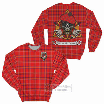 Burnett Tartan Sweatshirt with Family Crest and Bearded Skull Holding Bottles of Whiskey