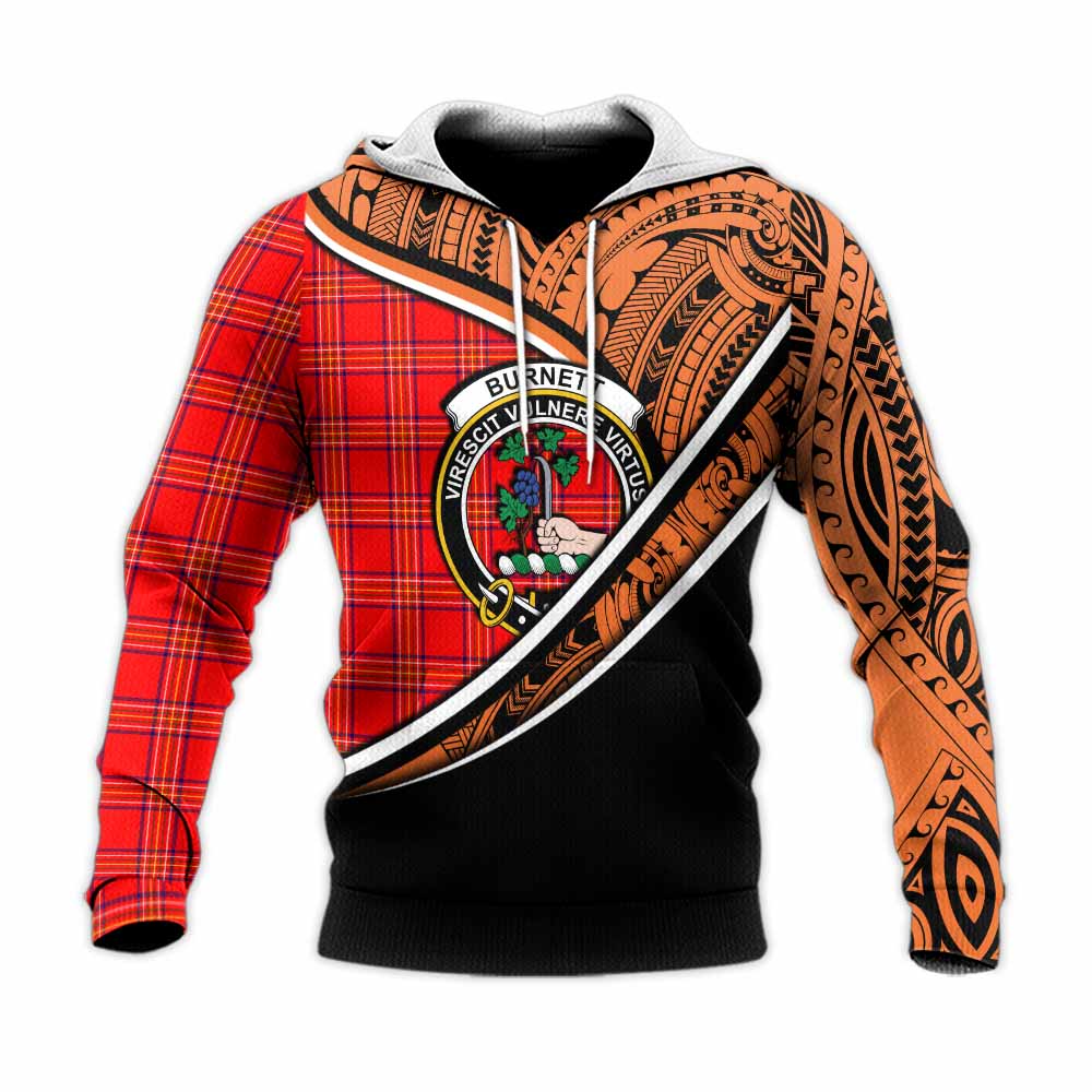 Tartan Vibes Clothing Burnett Crest Tartan Knitted Hoodie with Maori Tattoo Style - Orange Version