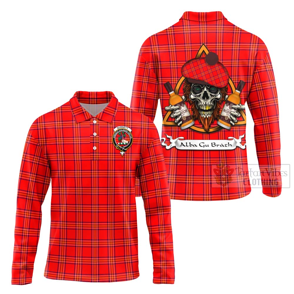 Tartan Vibes Clothing Burnett Tartan Long Sleeve Polo Shirt with Family Crest and Bearded Skull Holding Bottles of Whiskey