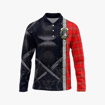 Burnett Tartan Long Sleeve Polo Shirt with Family Crest Cross Sword Thistle Celtic Vibes