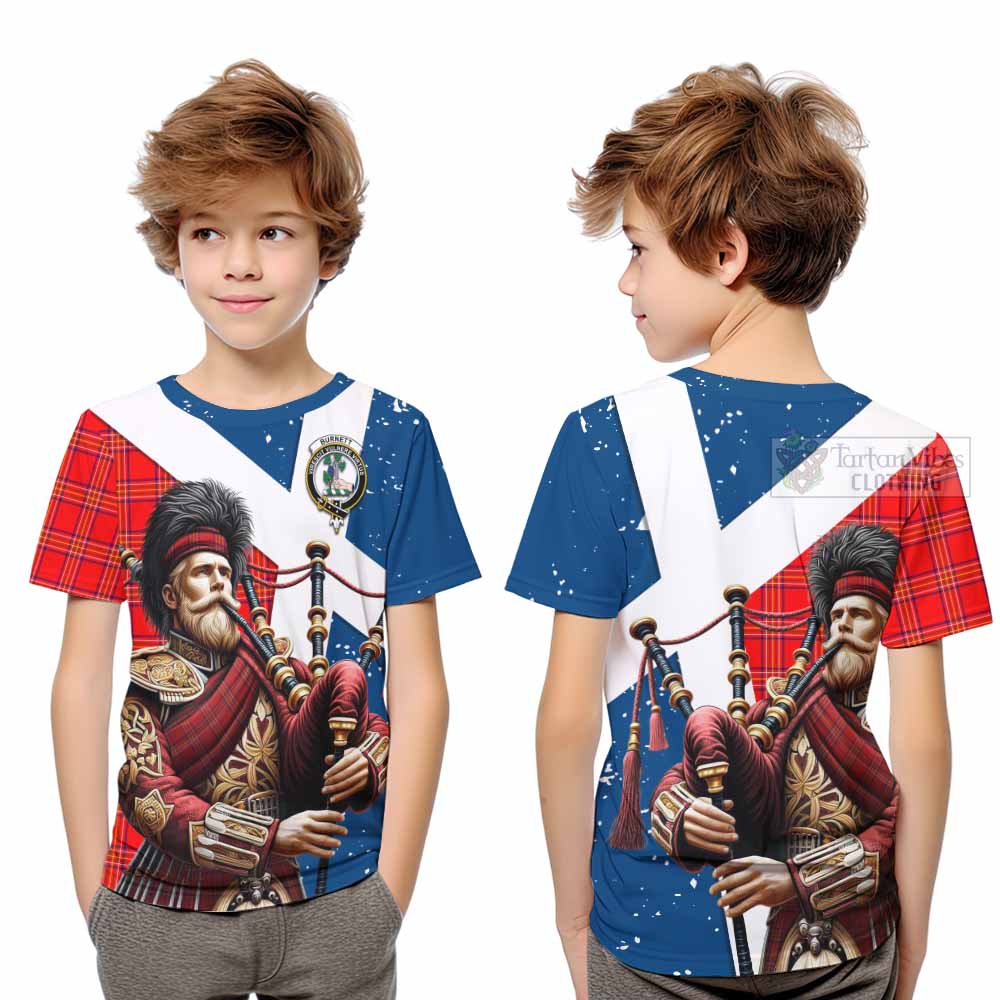 Tartan Vibes Clothing Burnett Tartan Kid T-Shirt with Family Crest Scottish Bagpiper Vibes