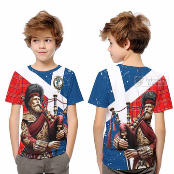 Burnett Tartan Kid T-Shirt with Family Crest Scottish Bagpiper Vibes