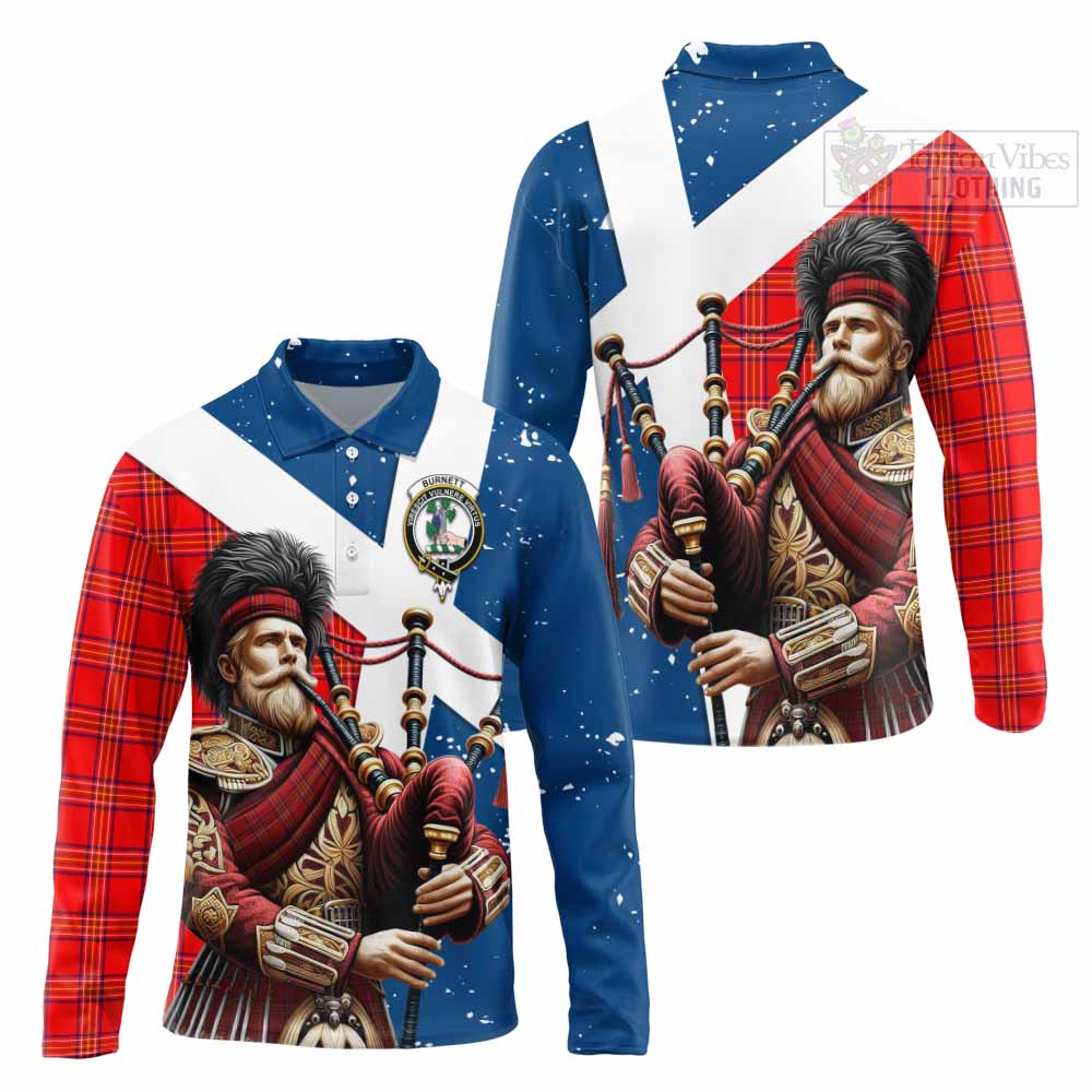 Tartan Vibes Clothing Burnett Tartan Long Sleeve Polo Shirt with Family Crest Scottish Bagpiper Vibes